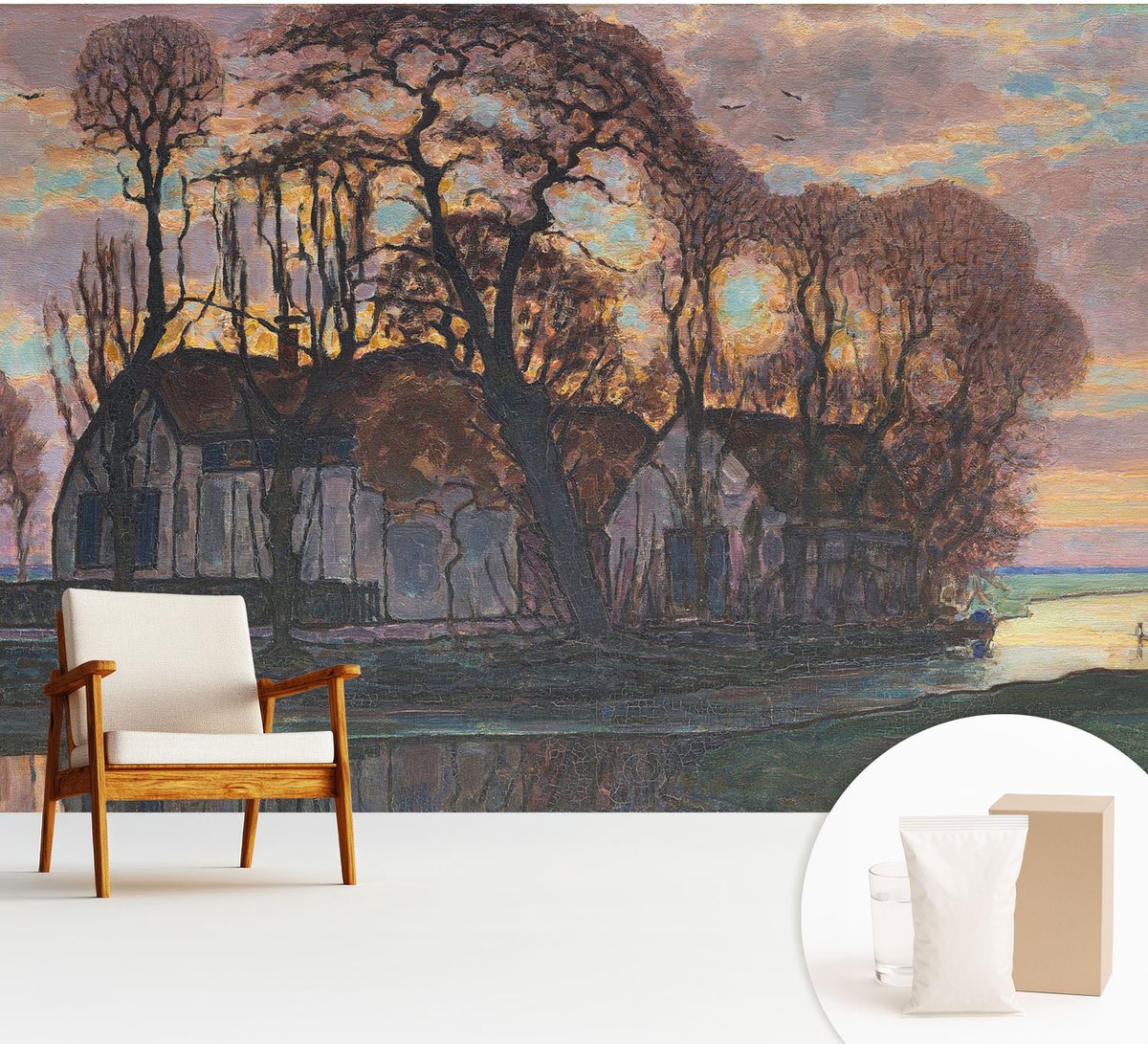 Wallfluent Fotobehang - Grijs Vliesbehang - 312x219 cm - Avondlandschap Fotobehang Vlies - Woonkamer behang Landschappen - Muurschildering - Woonkamer behang