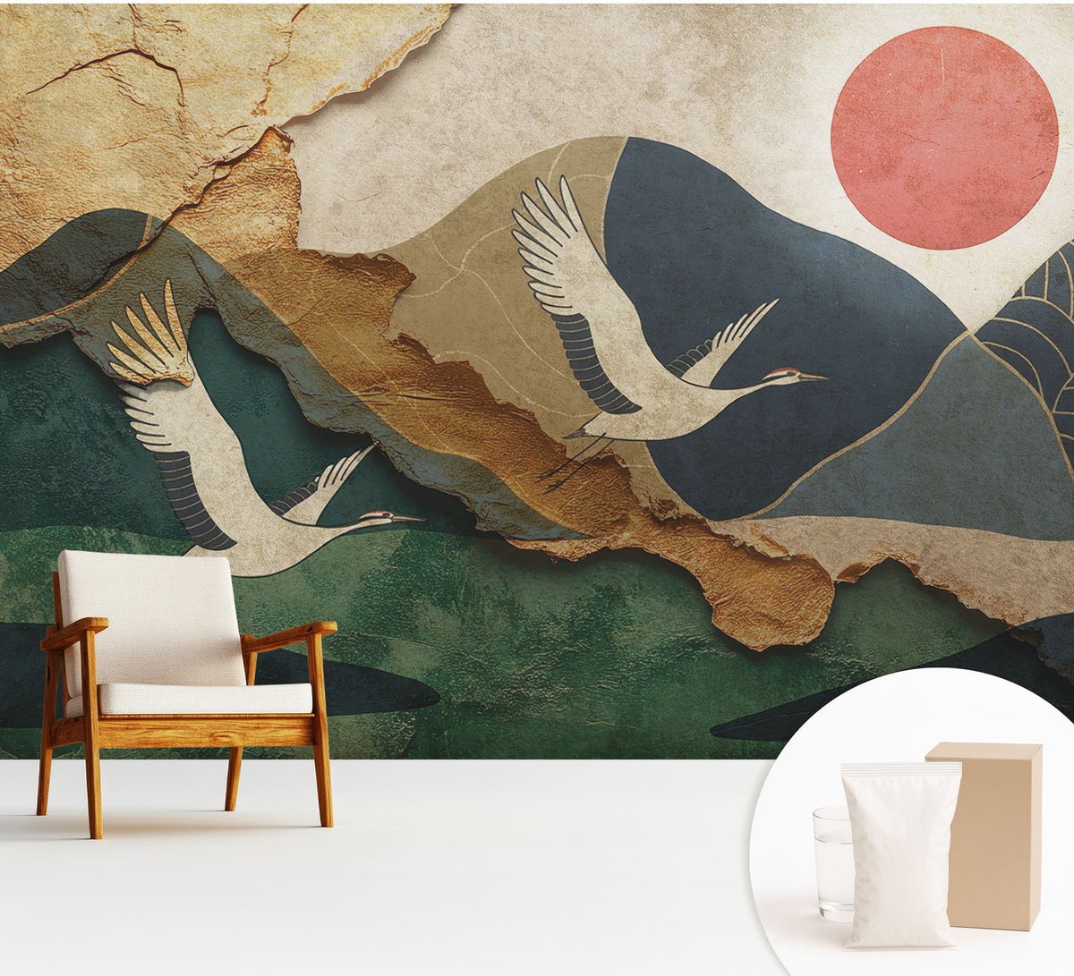 Wallfluent Fotobehang - Groente Vliesbehang - 312x219 cm - Kraanvogels Van Het Oosten Fotobehang Vlies - Woonkamer behang Landschappen - Muurschildering - Hal behang