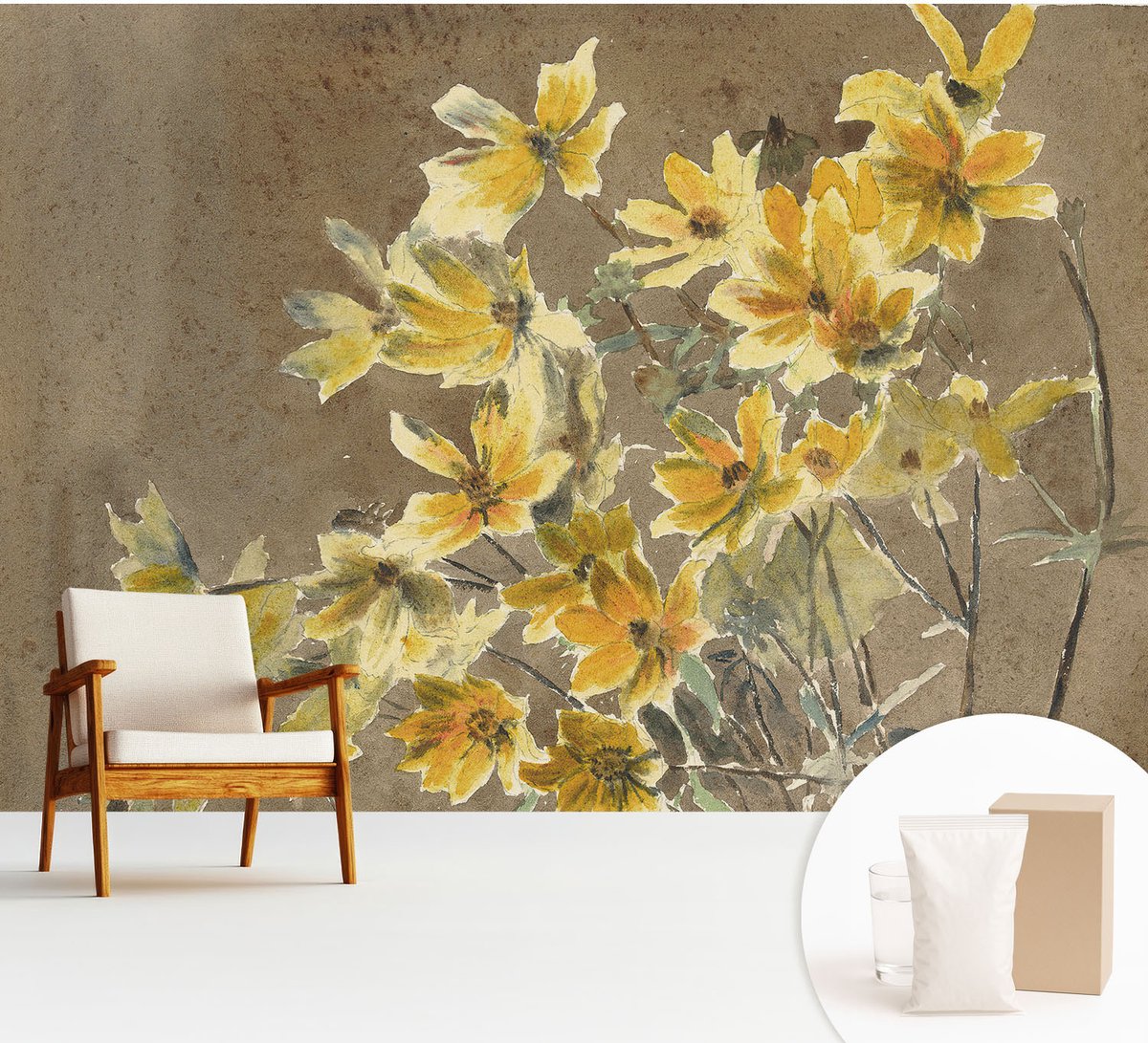 Wallfluent Fotobehang - Bruin Vliesbehang - 312x219 cm - Zonnig Boeket Muurschildering - Gang behang Bloemen En Planten - Fotobehang Vlies - Slaapkamer behang