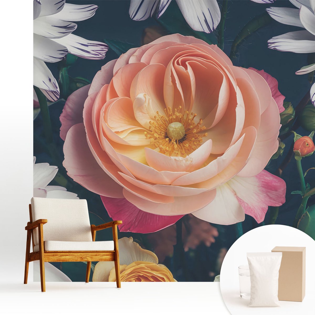 Wallfluent Fotobehang - Roze Vliesbehang - 250x250 cm - Bloemenharmonie Fotobehang Vlies - Woonkamer behang Bloemen En Planten - Muurschildering - Woonkamer behang