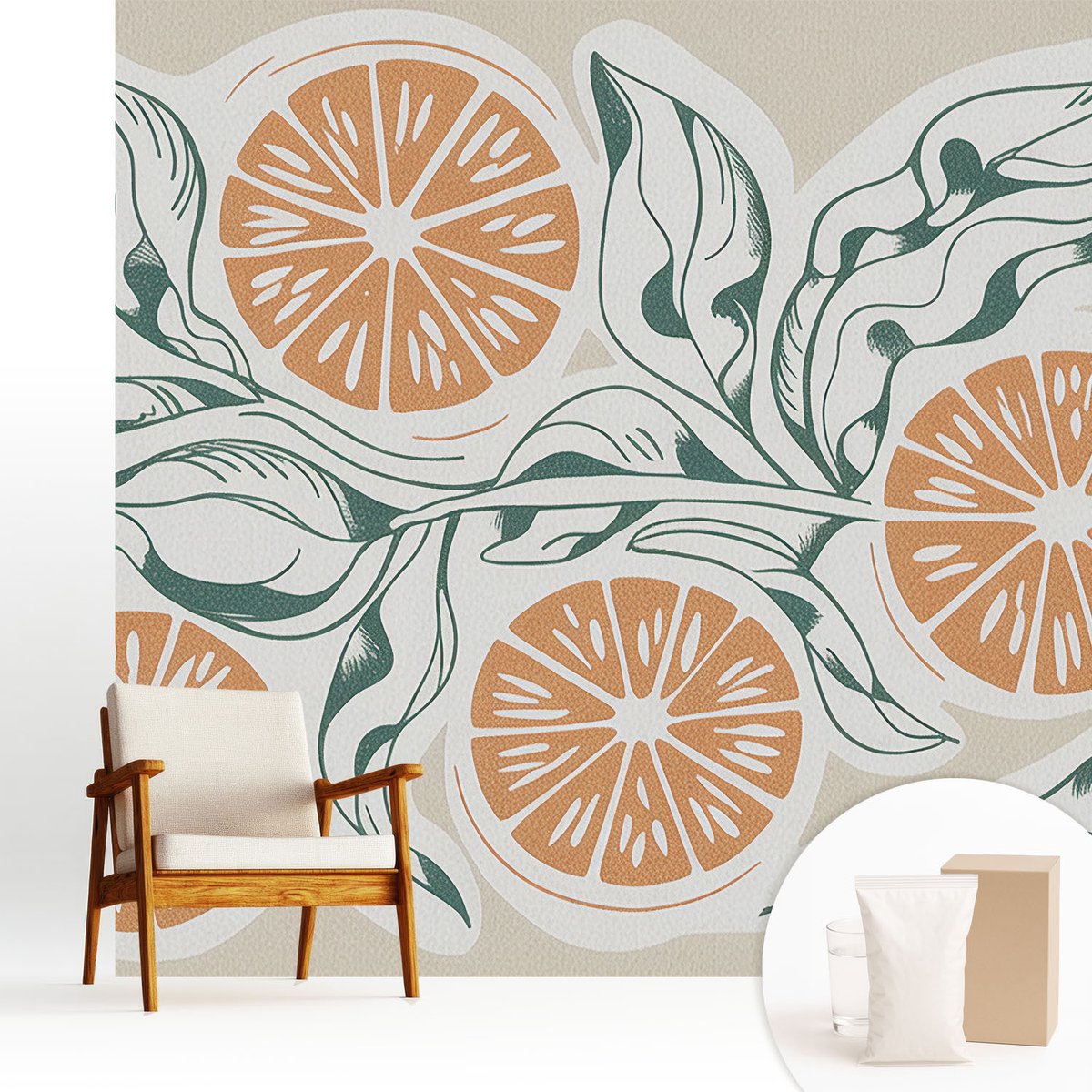 Wallfluent Fotobehang - Wit Vliesbehang - 250x250 cm - Vruchtpatronen Fotobehang Vlies - Woonkamer behang Bloemen En Planten - Muurschildering - Woonkamer behang