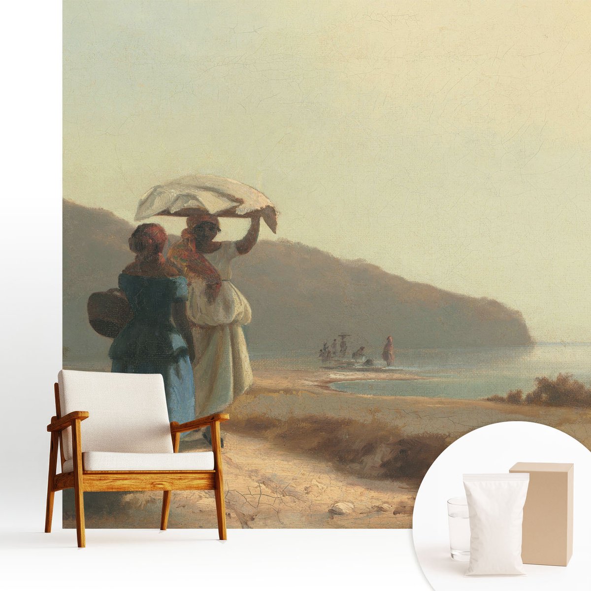 Wallfluent Fotobehang - Beige Vliesbehang - 250x250 cm - Een Wandeling Langs De Kust Muurschildering - Slaapkamer behang Landschappen - Fotobehang Vlies - Slaapkamer behang