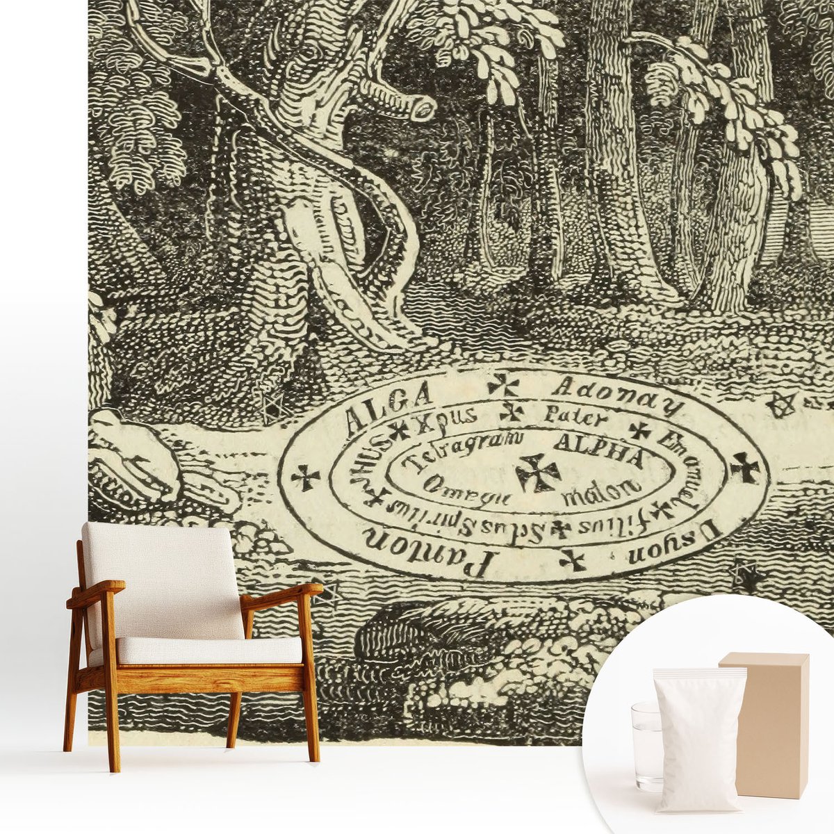 Wallfluent Fotobehang - Zwart-Wit Vliesbehang - 250x250 cm - Magische Cirkel Muurschildering - Slaapkamer behang Bloemen En Planten - Fotobehang Vlies - Slaapkamer behang