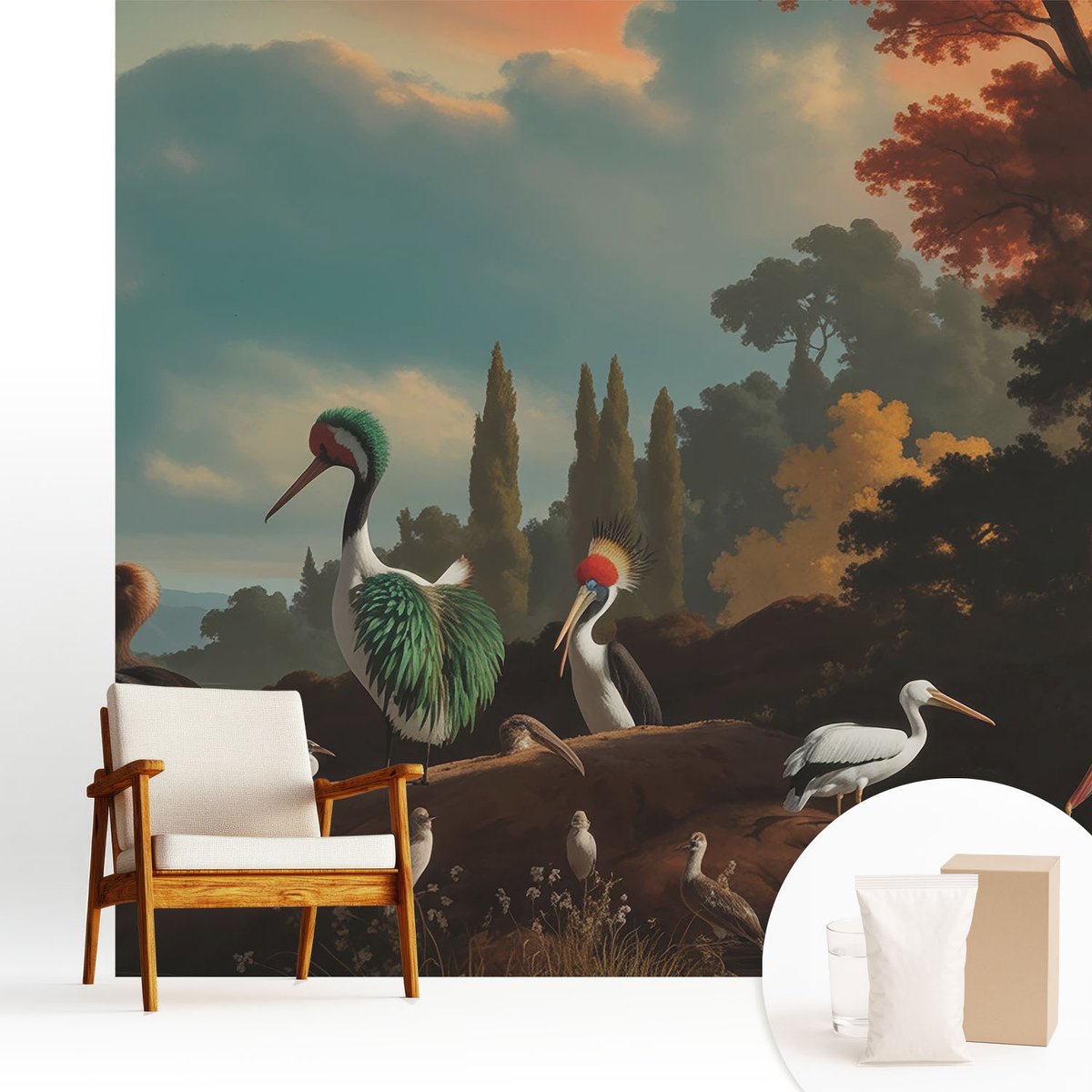 Wallfluent Fotobehang - Blauw Vliesbehang - 250x250 cm - Schilderachtige Vogels Muurschildering - Gang behang Landschappen - Fotobehang Vlies - Gang behang