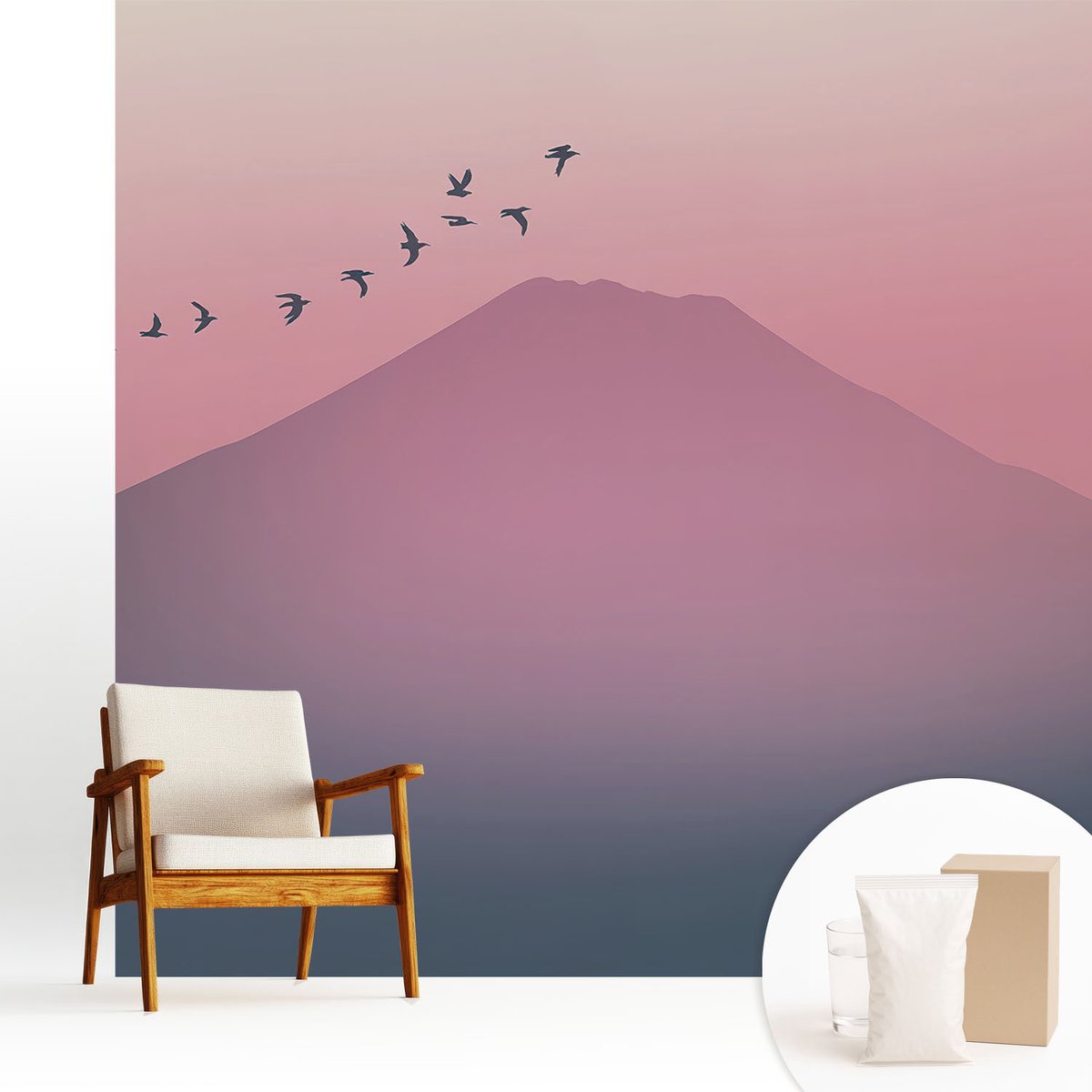 Wallfluent Fotobehang - Roze Vliesbehang - 250x250 cm - Bergwesten Muurschildering - Gang behang Landschappen - Fotobehang Vlies - Slaapkamer behang