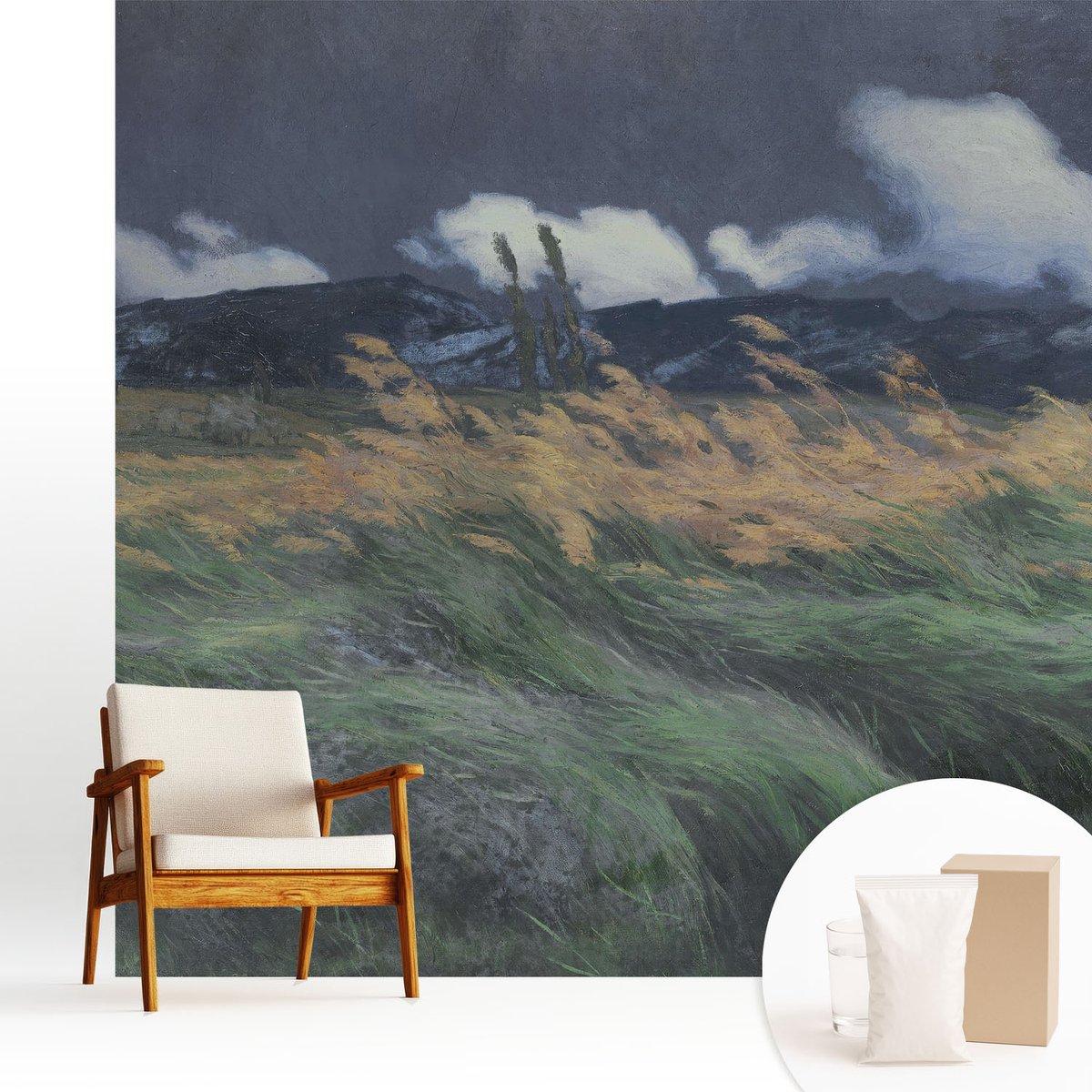 Wallfluent Fotobehang - Grijs Vliesbehang - 250x250 cm - Door De Wind Meegevoerde Grassen Muurschildering - Gang behang Landschappen - Fotobehang Vlies - Slaapkamer behang