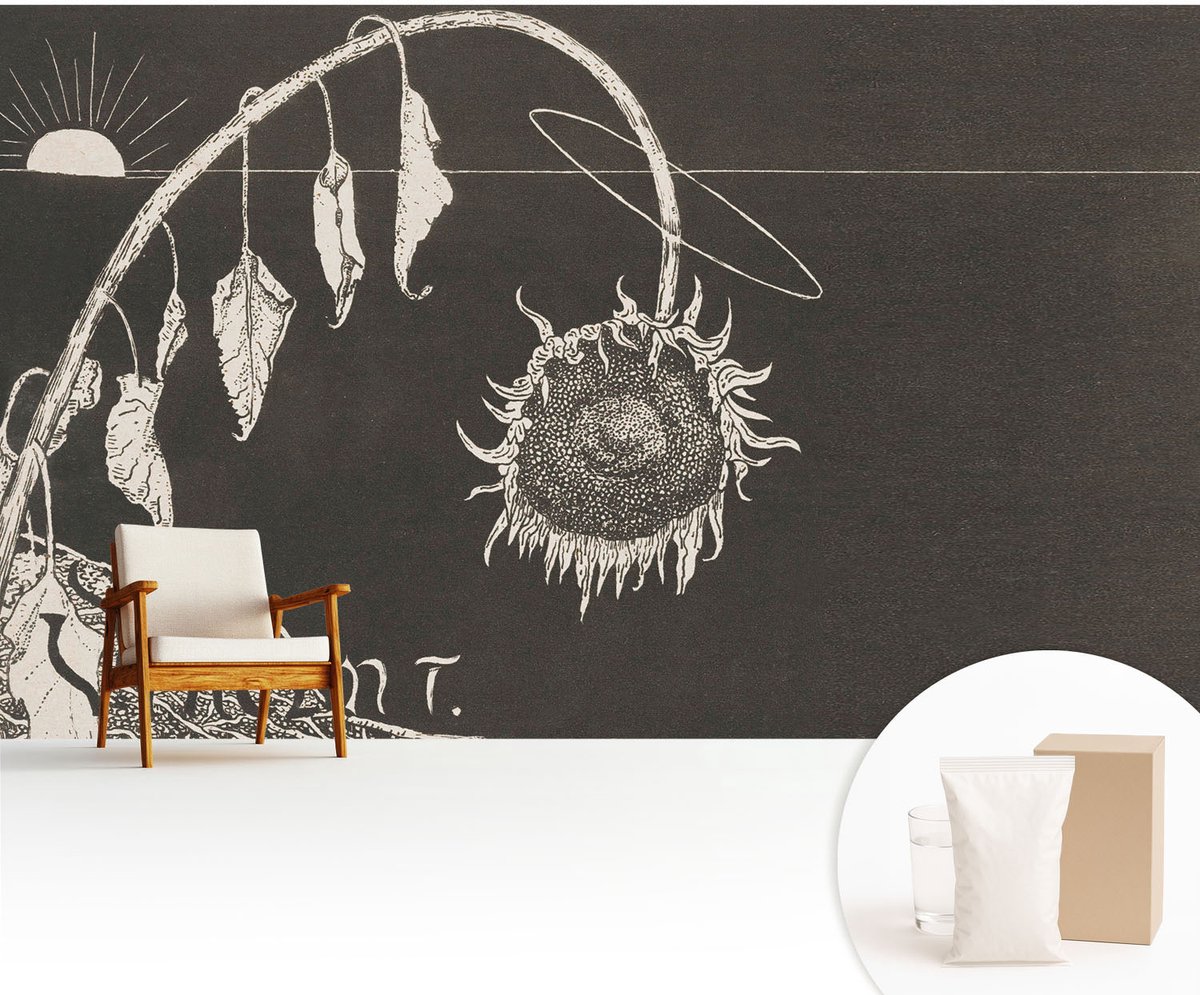 Wallfluent Fotobehang - Zwart Vliesbehang - 416x254 cm - Nostalgische Zonnebloem Muurschildering - Gang behang Deel - Fotobehang Vlies - Slaapkamer behang