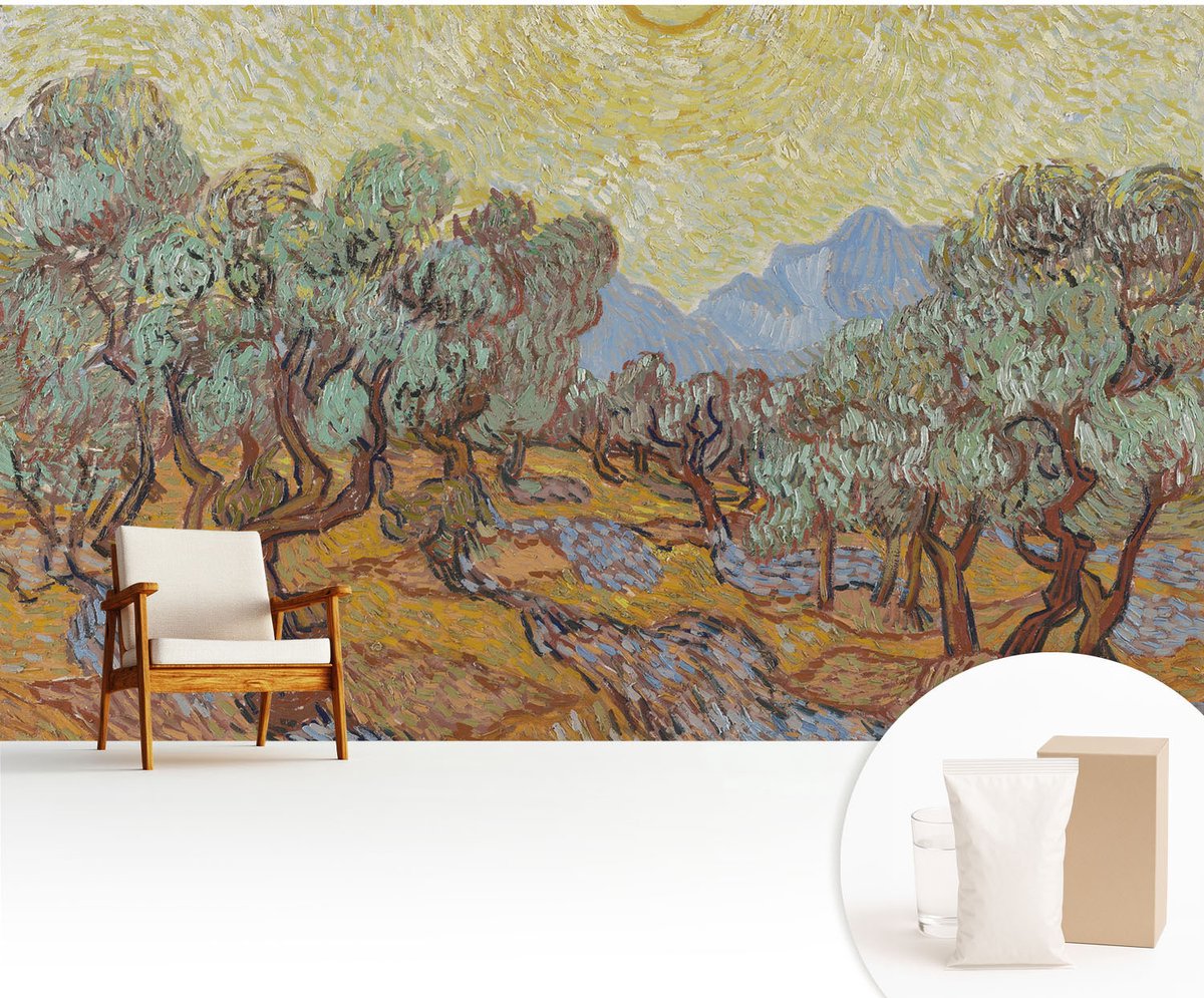 Wallfluent Fotobehang - Geel Vliesbehang - 416x254 cm - Olijfbomen Muurschildering - Slaapkamer behang Bloemen En Planten - Fotobehang Vlies - Slaapkamer behang