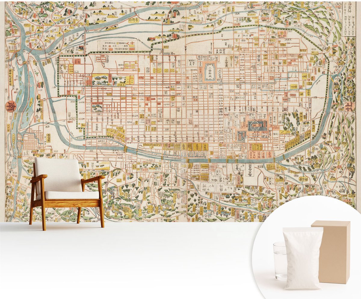 Wallfluent Fotobehang - Beige Vliesbehang - 416x254 cm - Antieke Kaart Fotobehang Vlies - Hal behang Kaarten - Muurschildering - Woonkamer behang