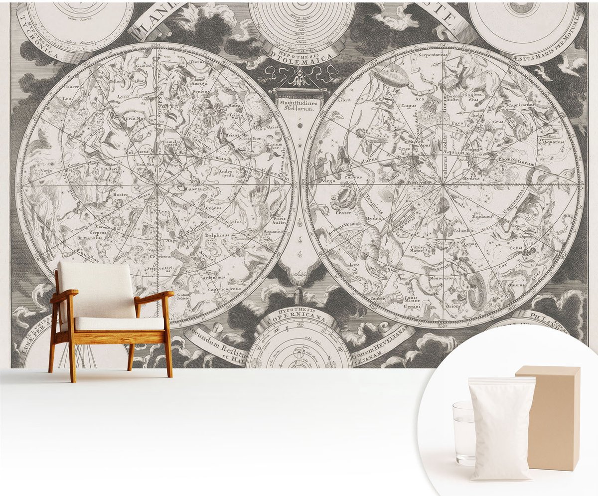 Wallfluent Fotobehang - Zwart-Wit Vliesbehang - 416x254 cm - Sterrenkaart Muurschildering - Slaapkamer behang Kosmos - Fotobehang Vlies - Gang behang