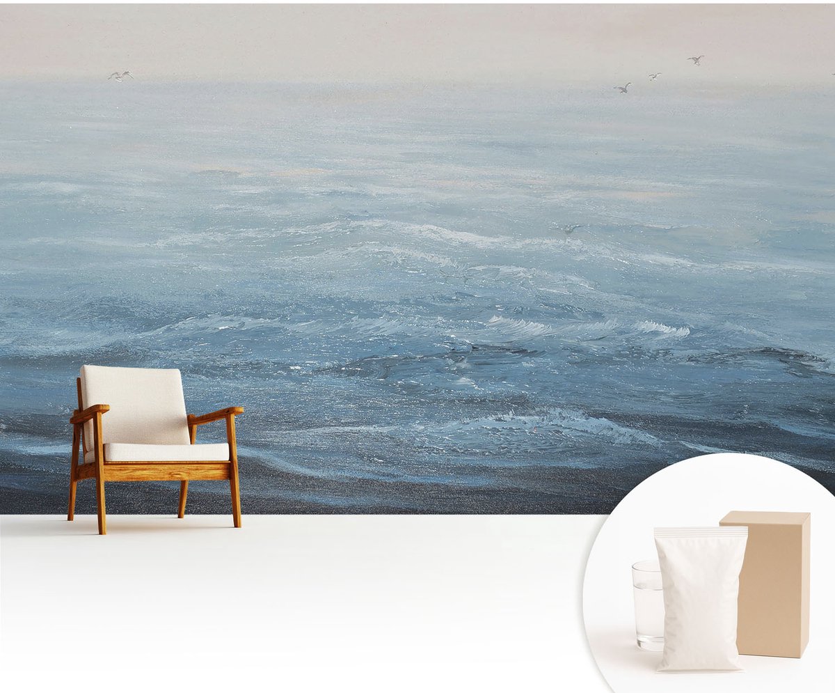 Wallfluent Fotobehang - Blauw Vliesbehang - 416x254 cm - De Zee Is Kalm. Muurschildering - Slaapkamer behang Landschappen - Fotobehang Vlies - Slaapkamer behang