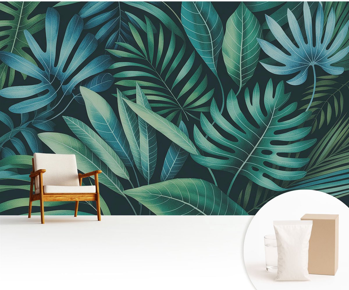 Wallfluent Fotobehang - Groente Vliesbehang - 416x254 cm - Tropische Bladeren Fotobehang Vlies - Woonkamer behang Bloemen En Planten - Muurschildering - Woonkamer behang