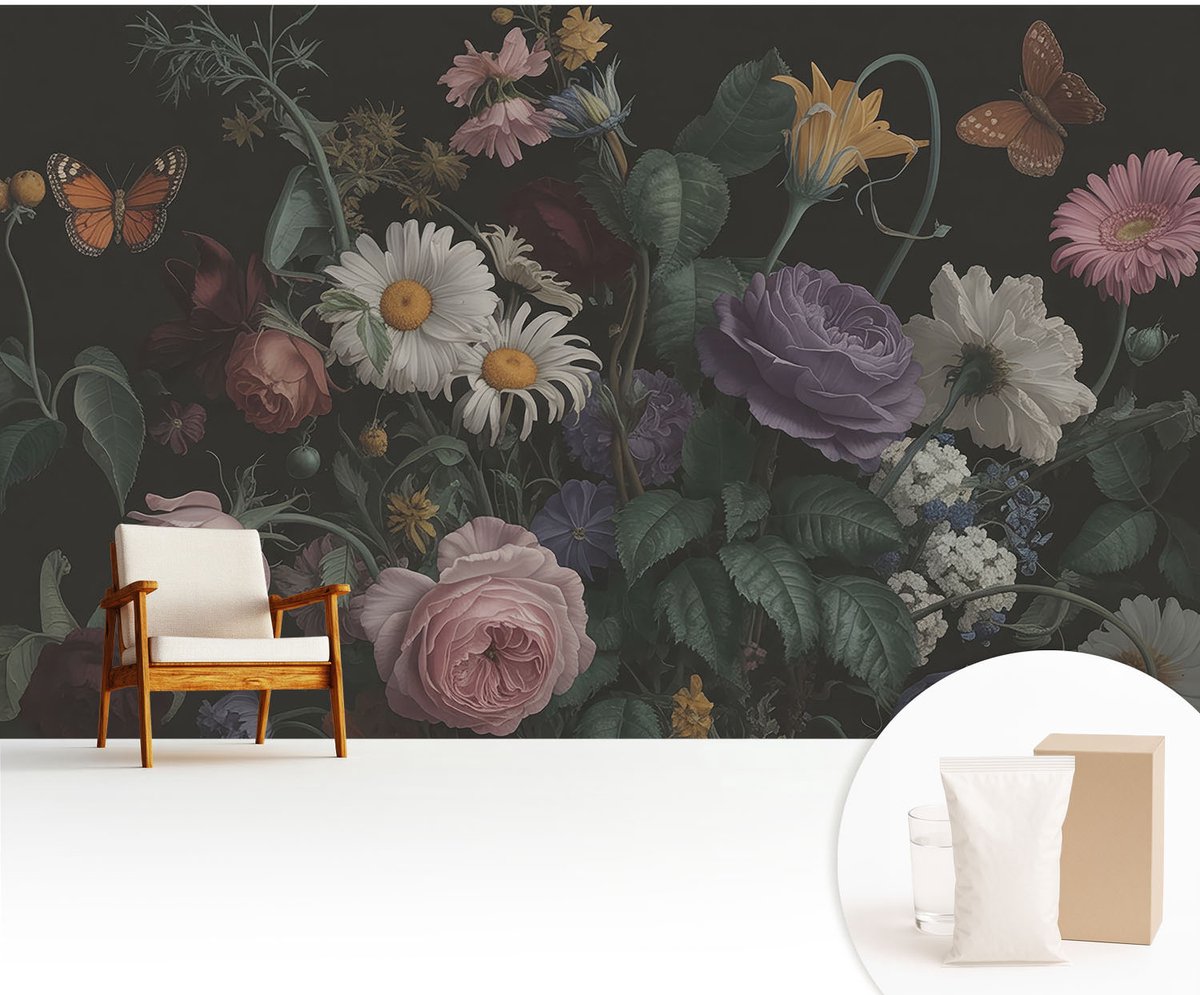 Wallfluent Fotobehang - Zwart Vliesbehang - 416x254 cm - Bloemige Elegantie Fotobehang Vlies - Woonkamer behang Bloemen En Planten - Muurschildering - Woonkamer behang