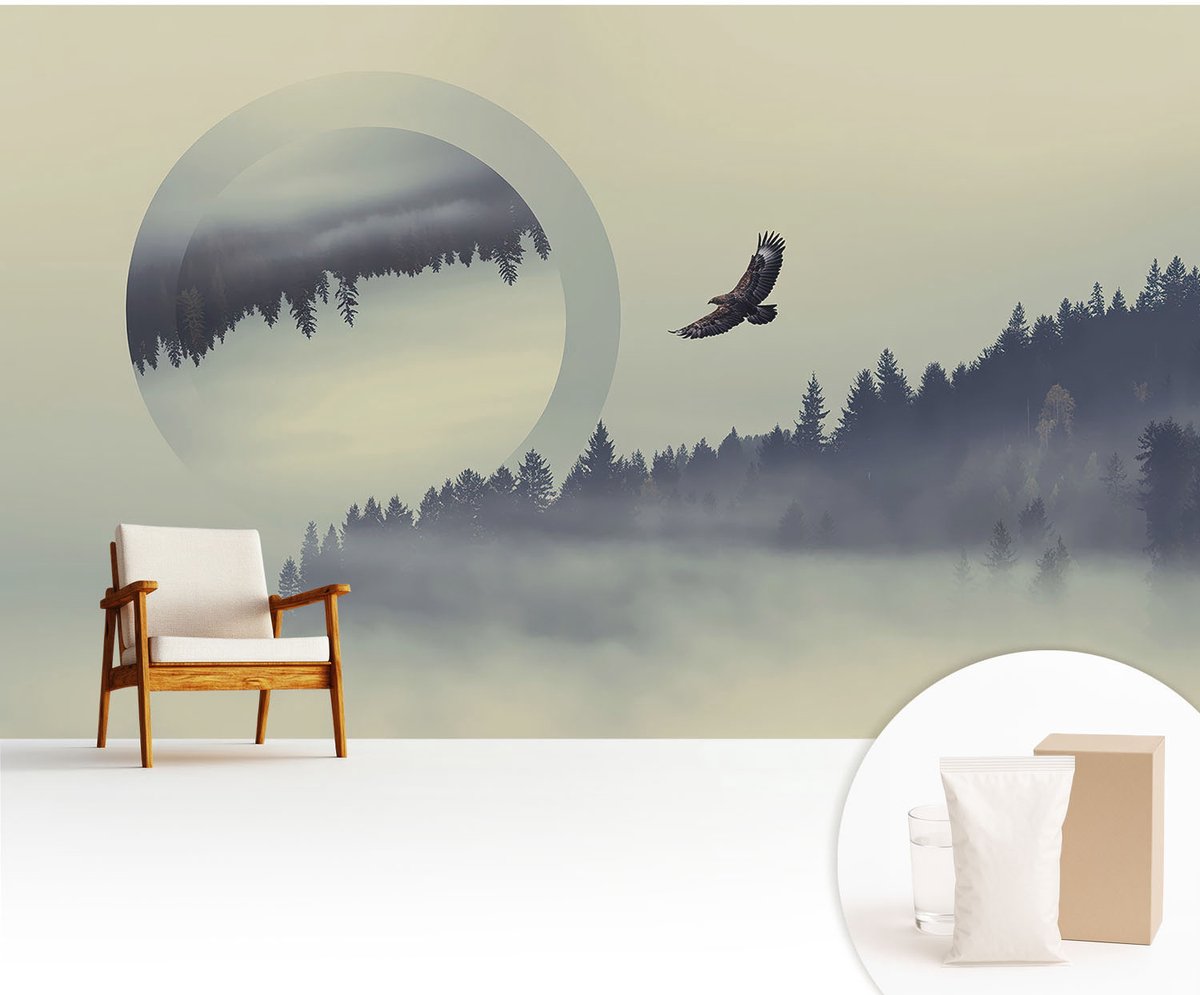 Wallfluent Fotobehang - Grijs Vliesbehang - 416x254 cm - Boslandschap Fotobehang Vlies - Woonkamer behang Landschappen - Muurschildering - Hal behang