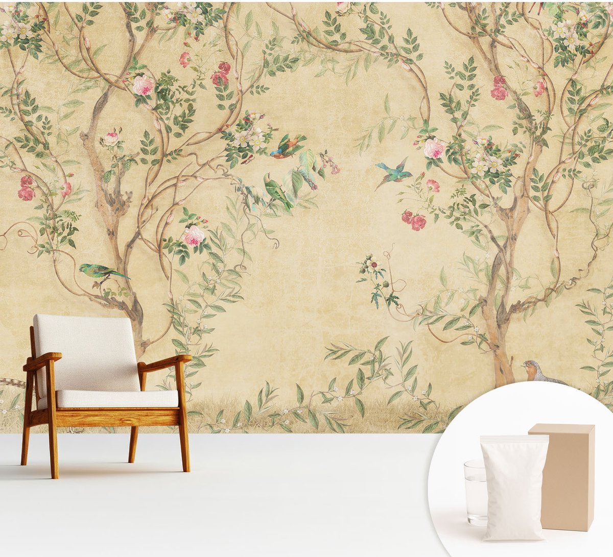 Wallfluent Fotobehang - Beige Vliesbehang - 312x219 cm - Bloemaccenten Muurschildering - Gang behang Bloemen En Planten - Fotobehang Vlies - Gang behang