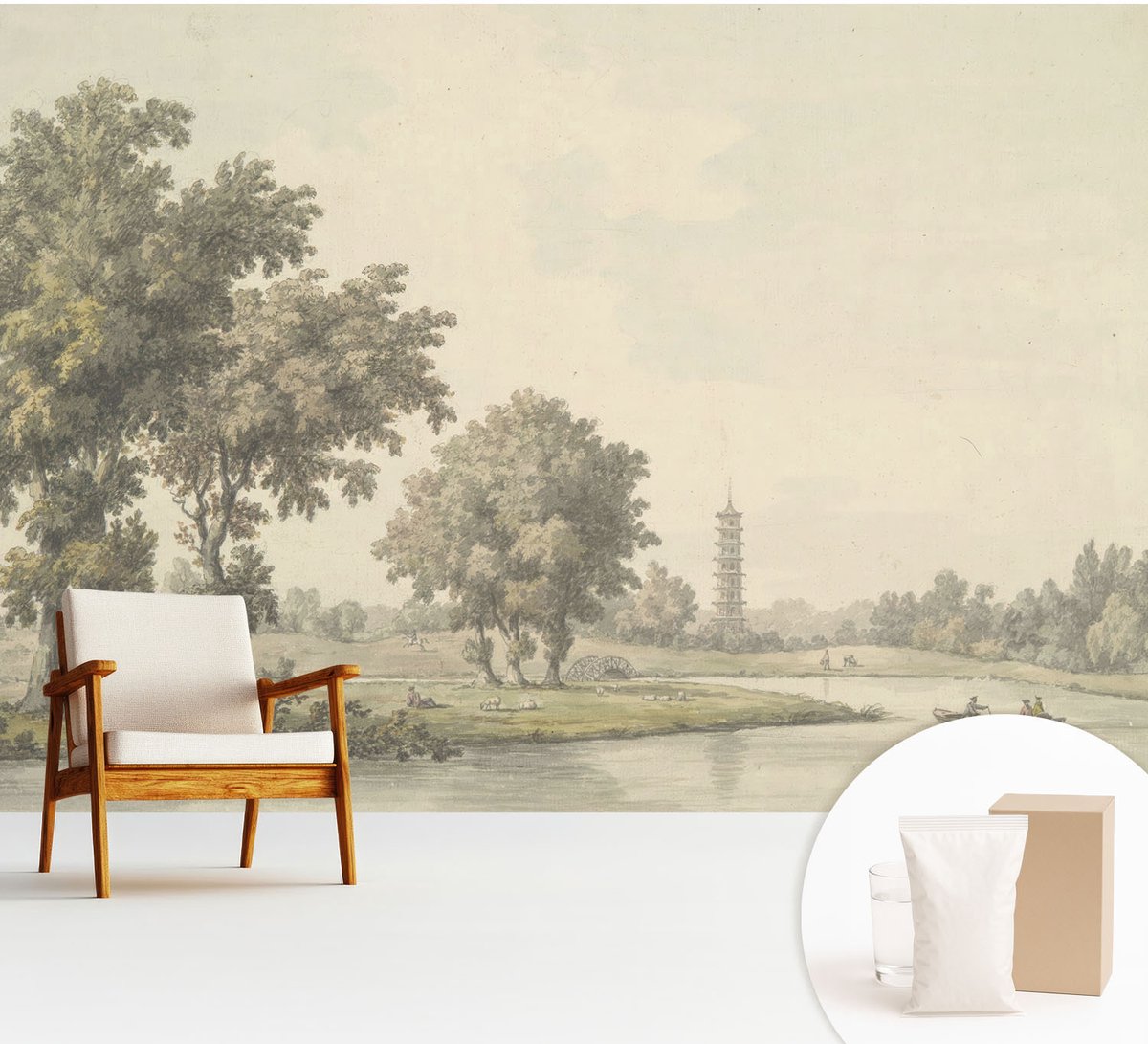 Wallfluent Fotobehang - Grijs Vliesbehang - 312x219 cm - Een Rustig Park Fotobehang Vlies - Woonkamer behang Landschappen - Muurschildering - Woonkamer behang