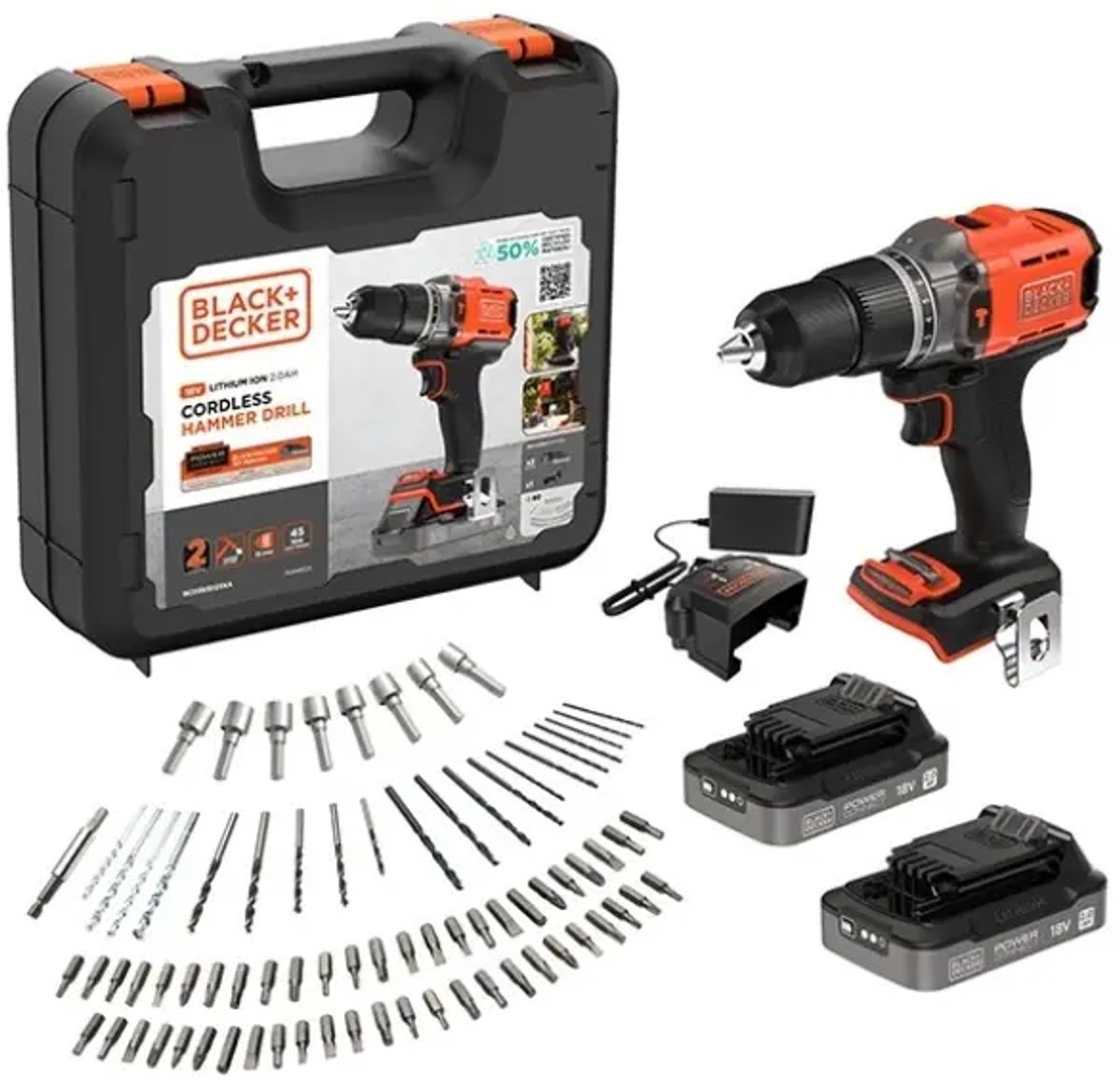 BLACK+DECKER - 18V accu-boorschroevendraaier met klopfunctie, met accessoires, 2x accu 2,0 Ah Li-Ion, oplader BCD383D2XKA-QW