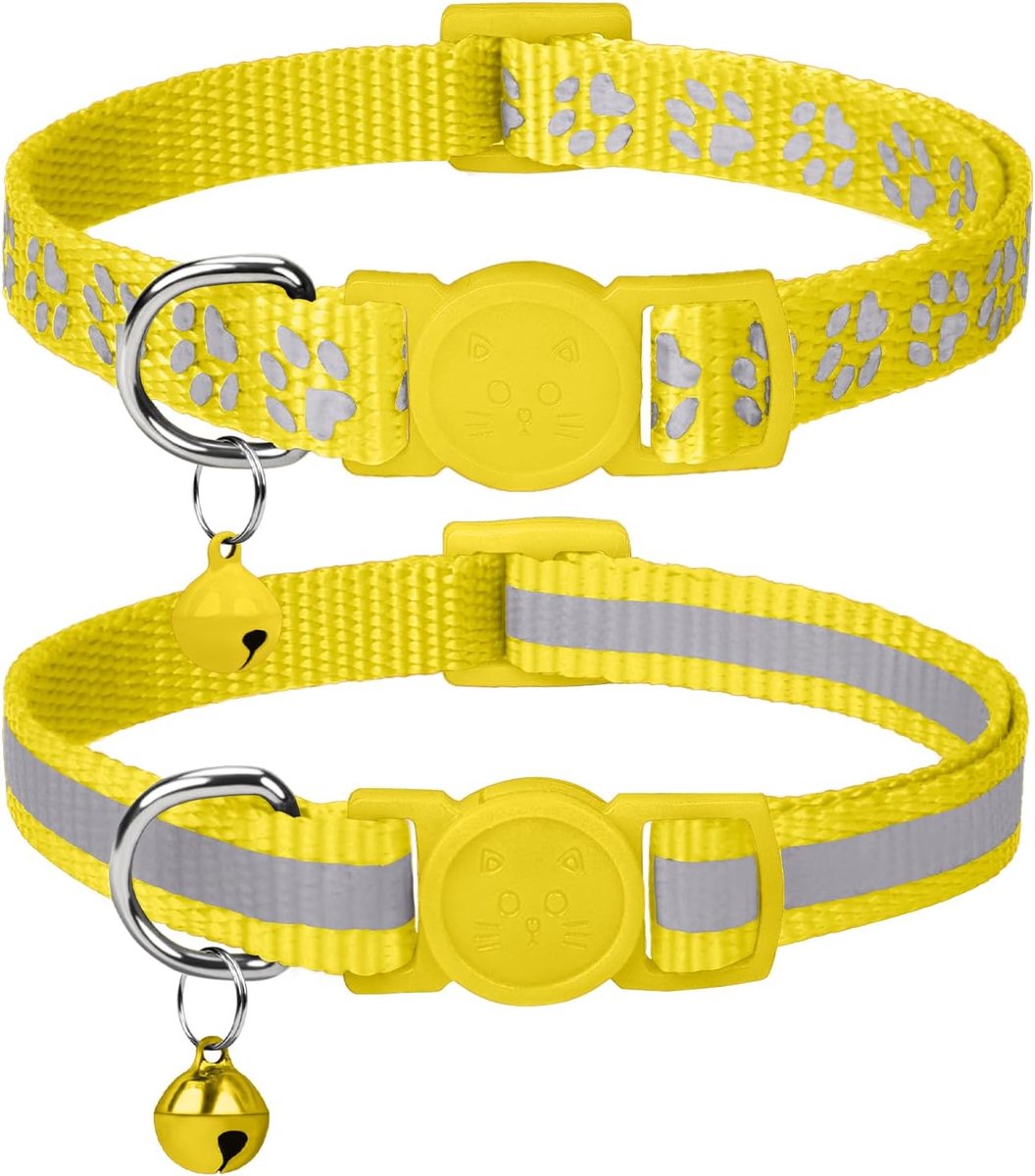 Reflecterende kattenhalsband met bel en veiligheidsontgrendeling, 2-pack meisje jongen huisdier kitten halsbanden verstelbaar 15-20 cm geel