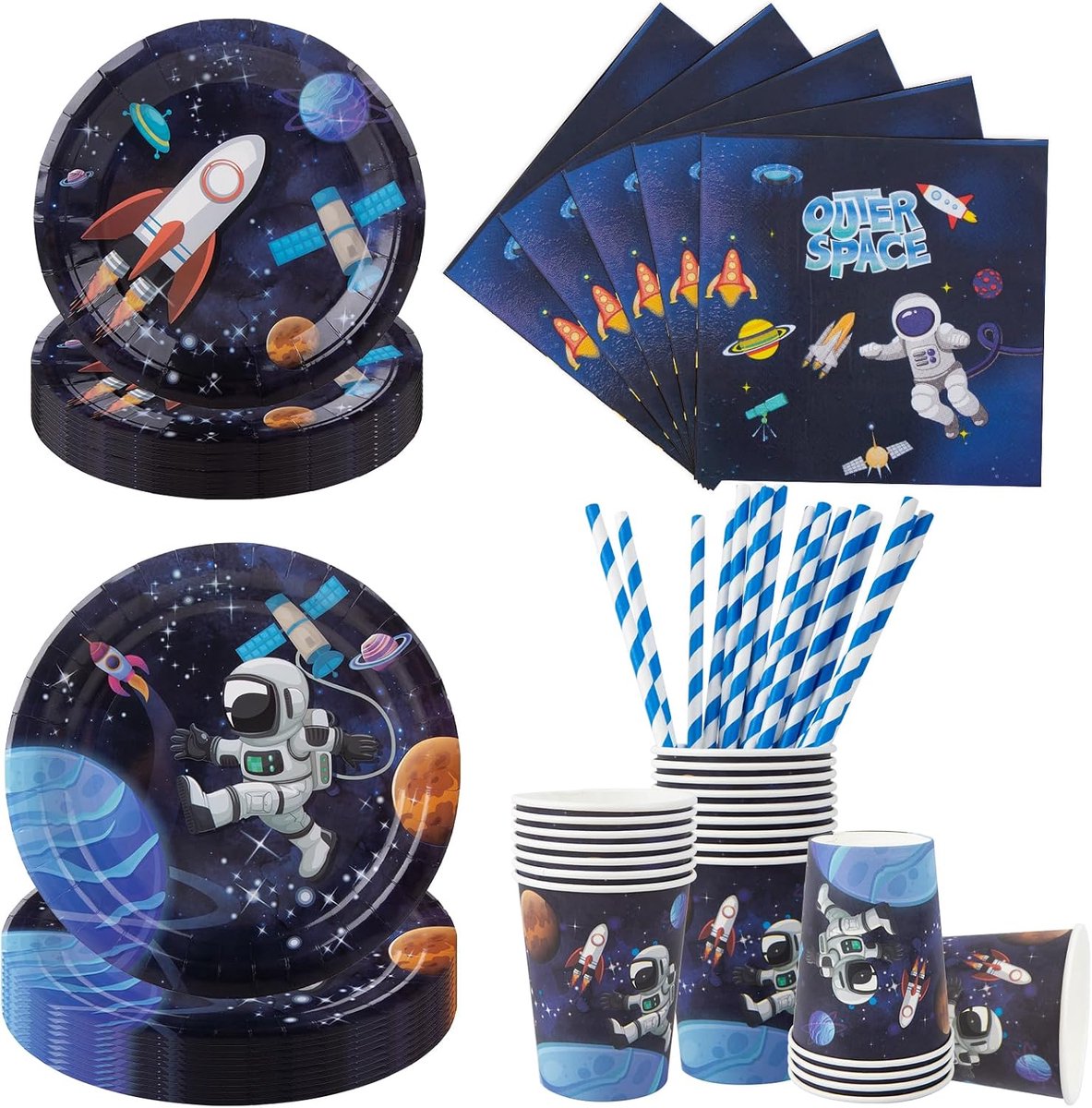100-delig ruimte partyservies set, astronaut feestborden verjaardag voor 20 gasten, ruimte verjaardag servies, wegwerpborden kartonnen bekers servetten rietjes feestdecoratie