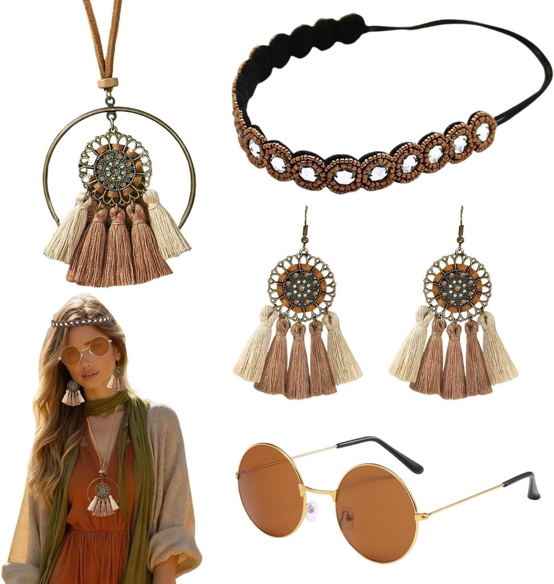 4 stuks hippie-accessoires voor dames, jaren '70-accessoires, hippiekostuum, inclusief ronde hippie-zonnebril, ronde boho-hoofdband, carnavalskostuums, boho-accessoires