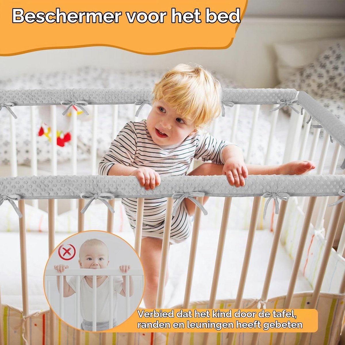 Bedrandbescherming voor kinderbedden, bescherming voor bedframe, babybedomrandingen, babybedomrandingen, afneembaar, wasbaar, randbescherming en hoekbescherming (grijs)
