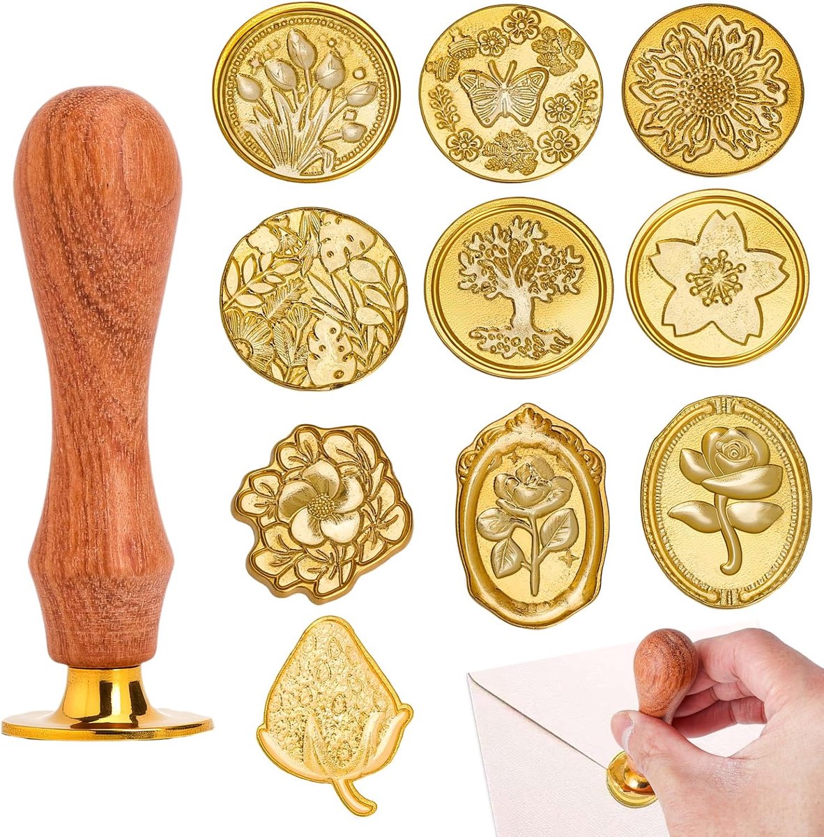 10 stuks zegelstempelset, waszegelwas, zegelstempel, gepersonaliseerde zegelwasset, creatieve wasstempels met houten handvat voor uitnodigingen, brieven, bruiloft en cadeau