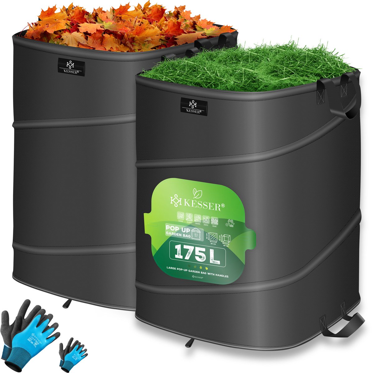 KESSER® Pop-up tuinzak set van 2 x 175 liter - Zelfstaand en opvouwbaar - Antraciet/zwart