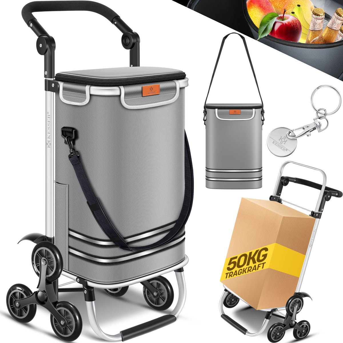 KESSER® Boodschappentrolley - 3-in-1 trapklimmer steekwagen en schoudertas - 56 L koelvak - grijs