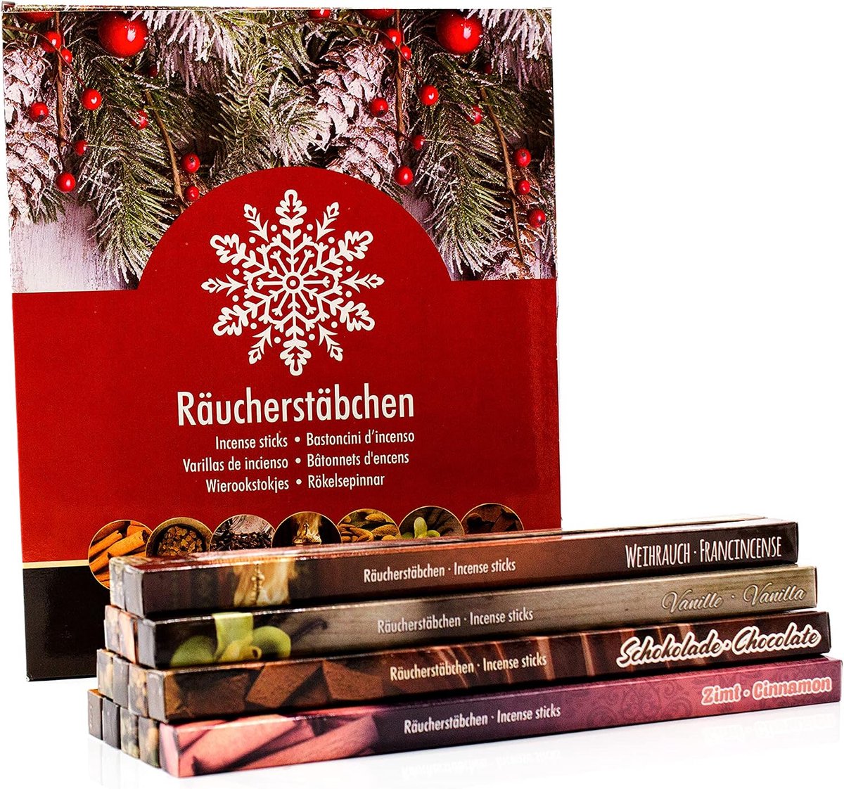Wierookstokje set Winterkerst met amandel, kruidnagel, sandelhout, chocolade, vanille, kaneel en twee verrassingen. De degustatieset voor de koude kerstdagen, originele Luxflair set incl. inspiratiekaart