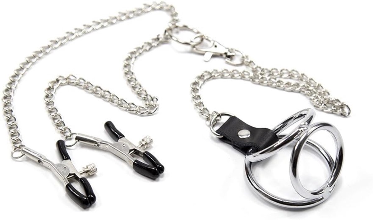 Penisringen voor heren, met tepelklemmen, peniskooi, roestvrij staal, metaal, bondage, SM, drie, ring, vertraging, boeien, cockring, fetisme (B)