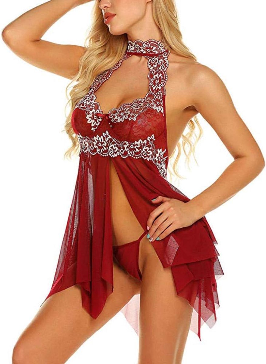 Klassiek Bh set Jarretellegordel en Kous LingerieNachtkleding Grote maten Nachtjurk Lingerie Kant Gaas Halter Nachtkleding Sexy Nachtkleding Nachtjapon-Red_XL