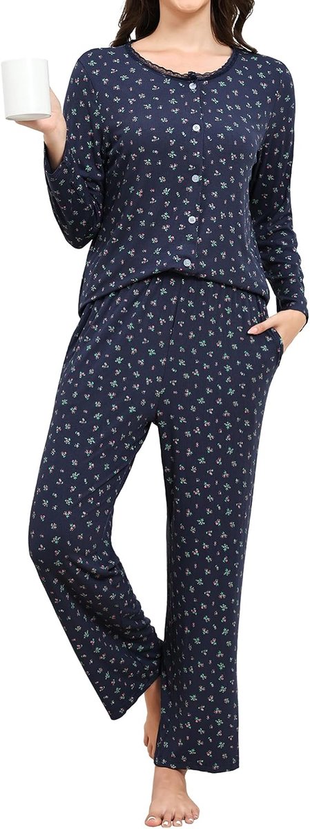 Pyjama voor vrouwen set 2-delige bloemenprint pyjama met lange mouwen set gesneden zachte pyjama loungewear met zakken S-XXL