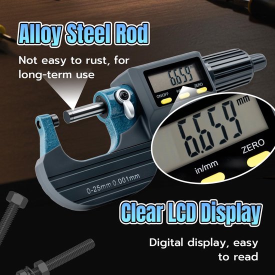 Digitale micrometer met hoge precisie, 0-25 mm/0,001 mm, hardmetalen kop, metrische/imperiale omzetting, professioneel meetgereedschap met lcd-display en etui — afbeelding 5