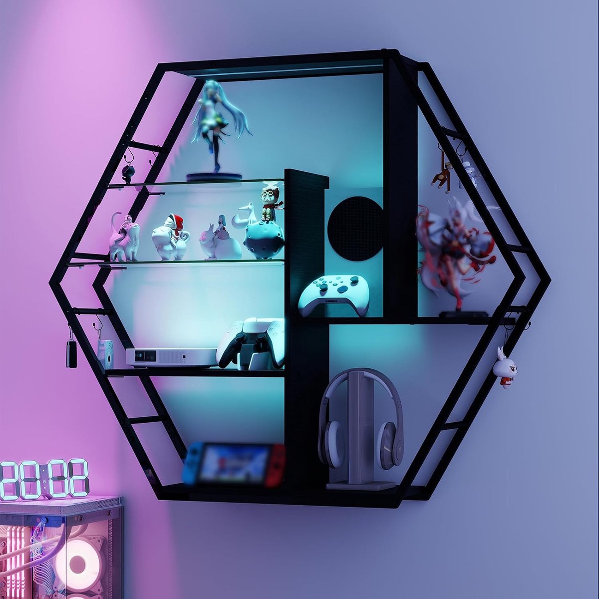 Vitrinekast van metaal, zwevend, met led, 7 kleuren, hangende boekenkast, 2 houders van gehard glas, 8 haken, verzamelkast, keuken, woonkamer, bar, industriële zeshoek, zwart