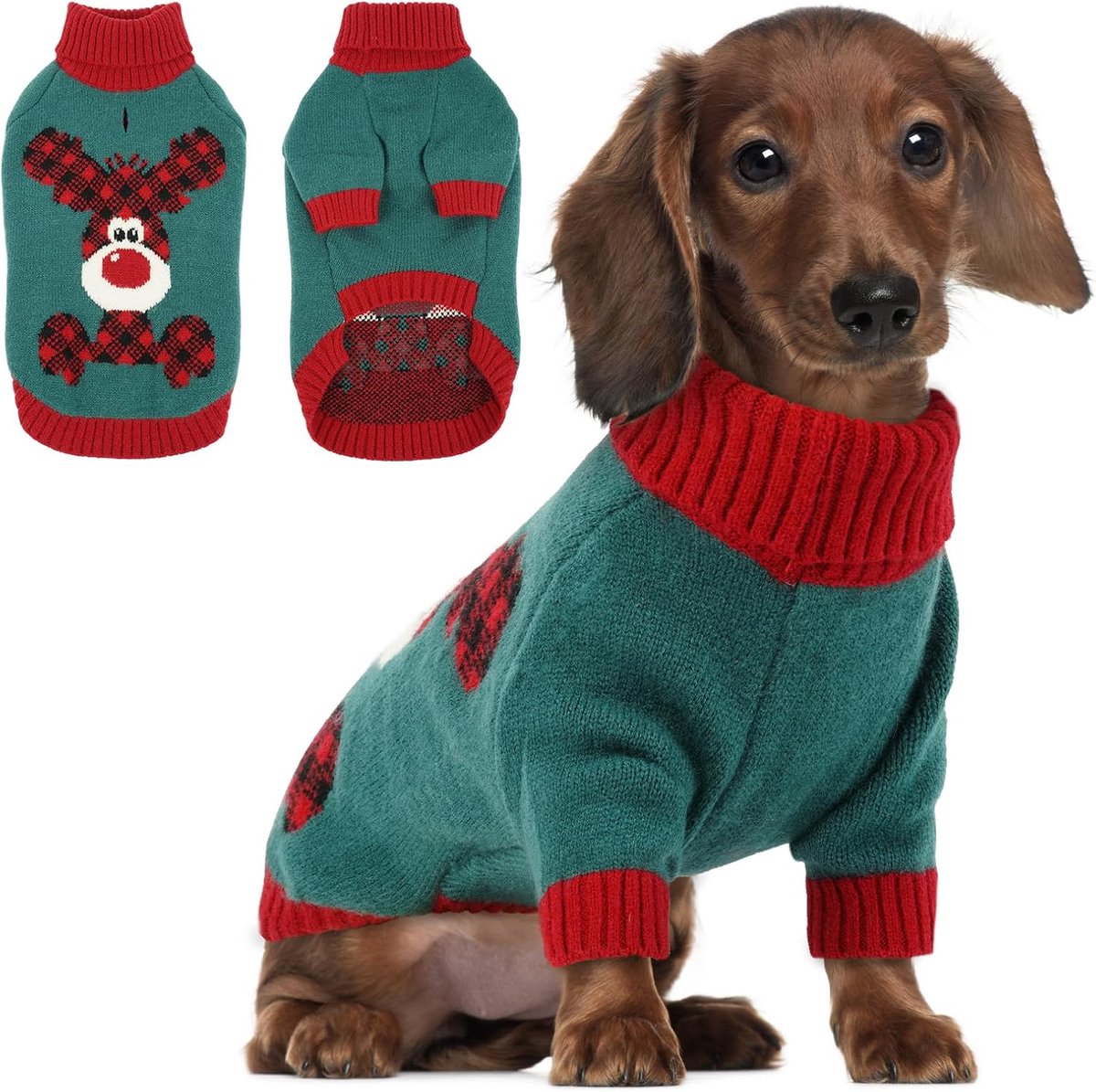 Kersttrui voor honden - feestelijk rendier en tartan gebreid | dik en warm met riemgat | Hoge hals | Ideaal voor Maltees, bichon frisse, mini-teckel (donkergroen, M)