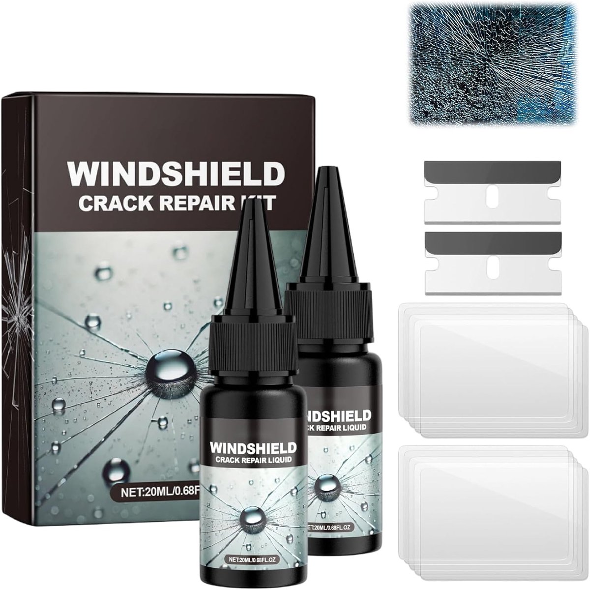 2026 glazen reparatievloeistof, 2 stuks auto voorruit scheurreparatie vloeistof, steenslag reparatieset voorruit, chiped windshield reparatiekit (20 ml x 2)