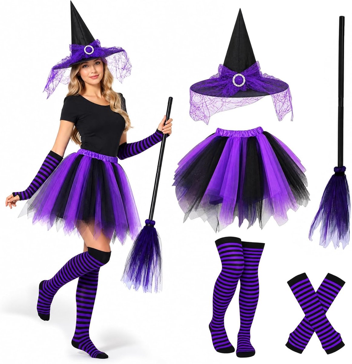 5 x heksenkostuum voor dames, Halloween, paars, voor cosplay