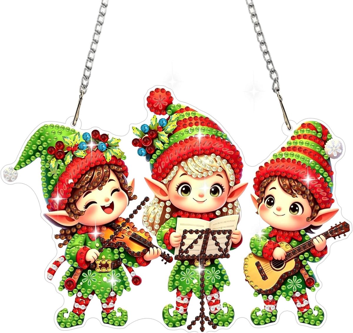 Diamond Painting hanger drie elfen muzikanten, besneeuwd landschap Kerstmis diamant schilderij ornamenten volwassenen kinderen, hangende ornamenten diamant krans deur buiten tuin huis