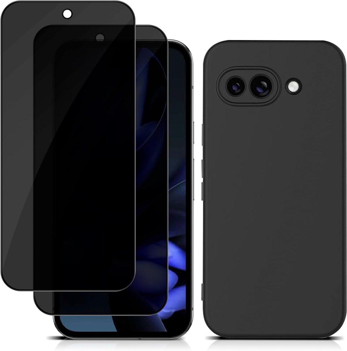 Screen Protector voor Google Pixel 9a 5G met telefoonhoesje, gehard glas anti-spy schermbeschermer 2 stuks, zachte siliconen beschermhoes schokbestendig anti-kras