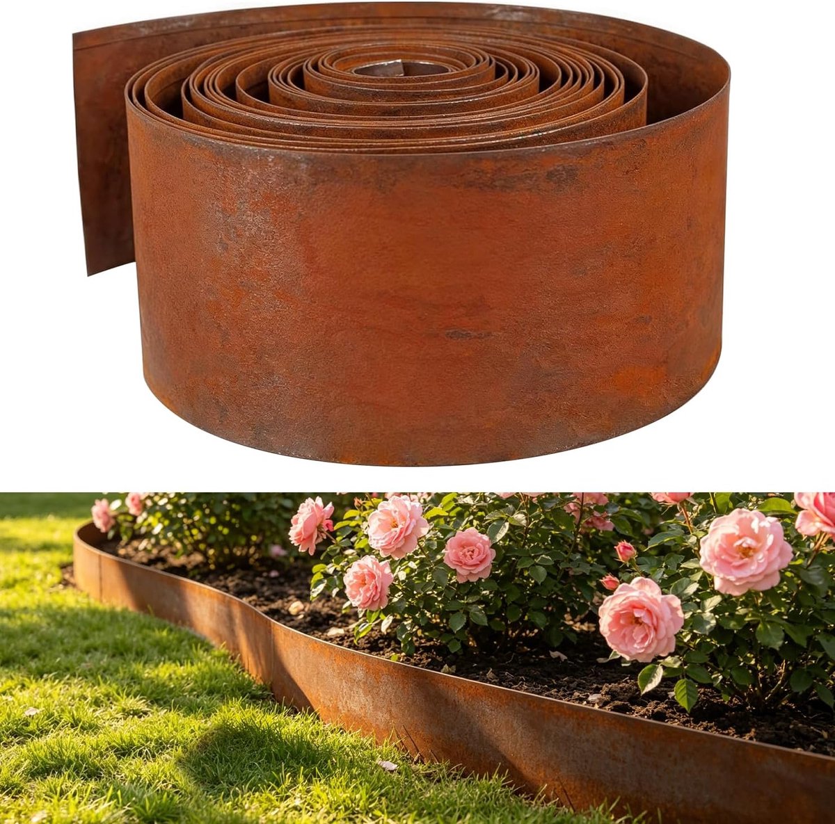 Gazonrand voor buiten, 10 m, metalen rand, 14 cm hoog, met roestpatina, voor tuinieren