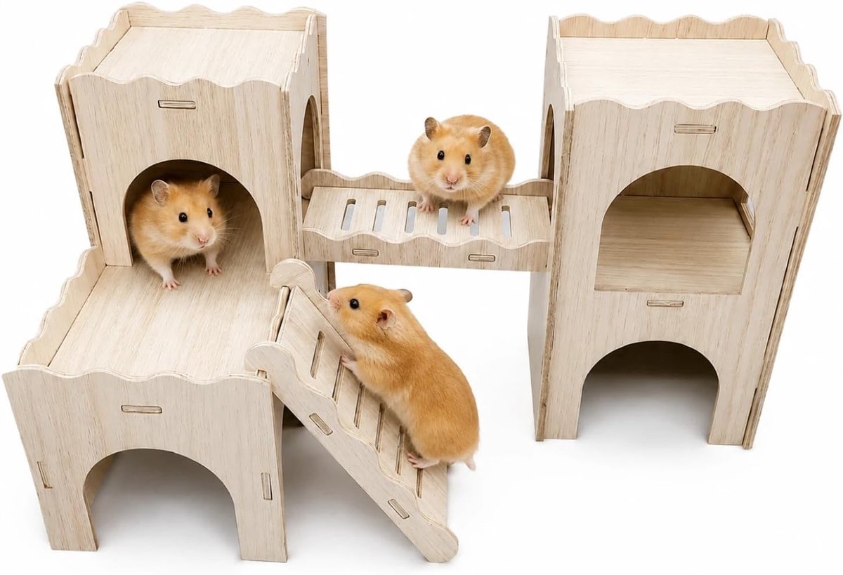 Huis met 2 verdiepingen voor kleine dieren, meerruimte, schuilplaats, golfrand, populierenhout, schuilplaats met helling, hamster, cavia's, konijnen, chinchilla, knaagdier, huis