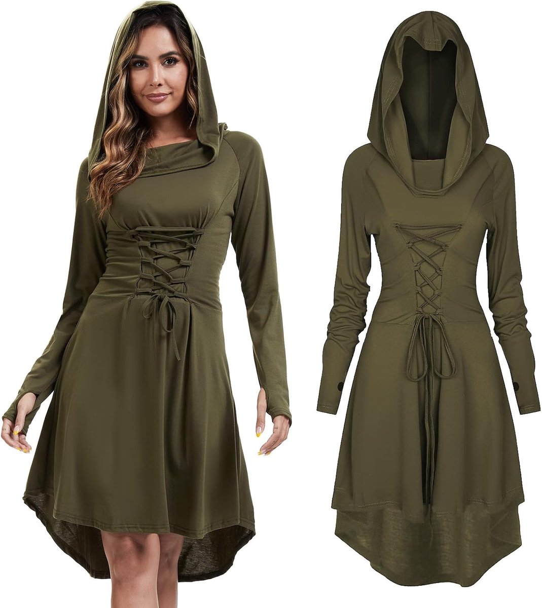 Renaissance-kostuum voor dames, middeleeuwse kleding voor dames, middeleeuwse jurk met capuchon en lange mouwen, retro, gothic, cosplay voor Halloween, carnaval