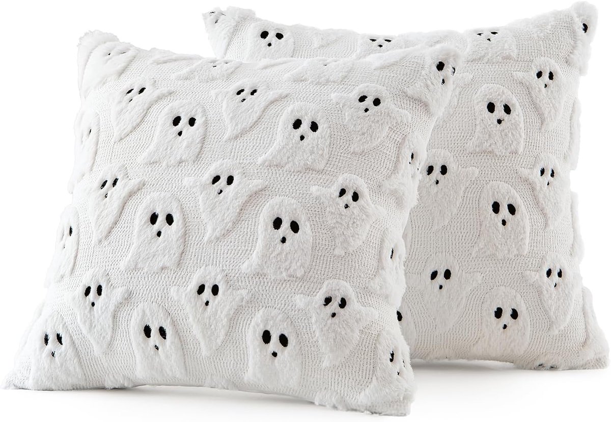 2 Pcs witte Halloween-kussenhoezen met spookmotief (45 x 45 cm) – 3D-geborduurde hoezen van imitatiebont (polyester) - stijlvolle - neutrale decoratie voor bank - slaapkamer of landelijk interieur (exclusief binnenkussens)