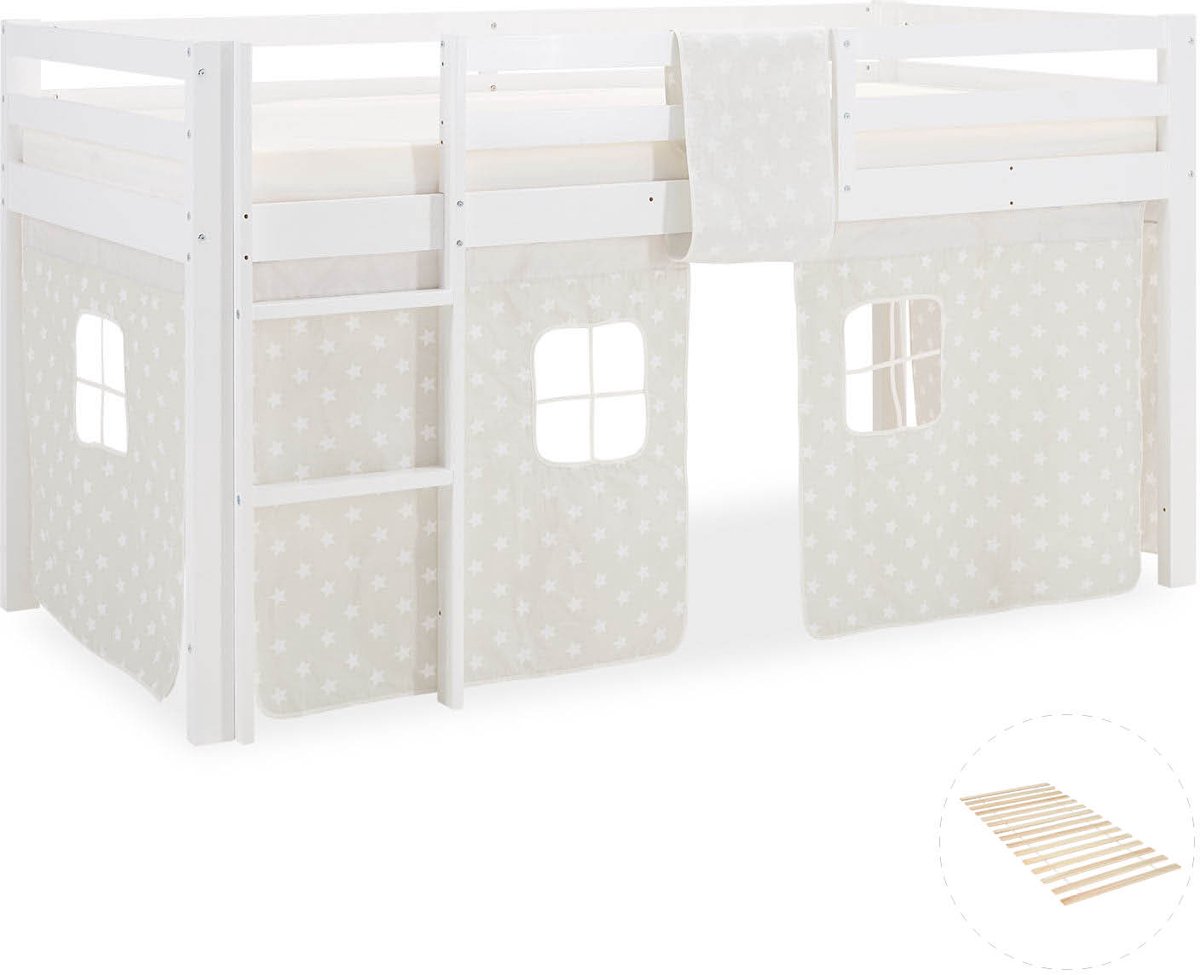 Homestyle4u Hoogslaper - 90x200 cm - met lattenbodem - ladder - gordijn sterren - grijs Wit