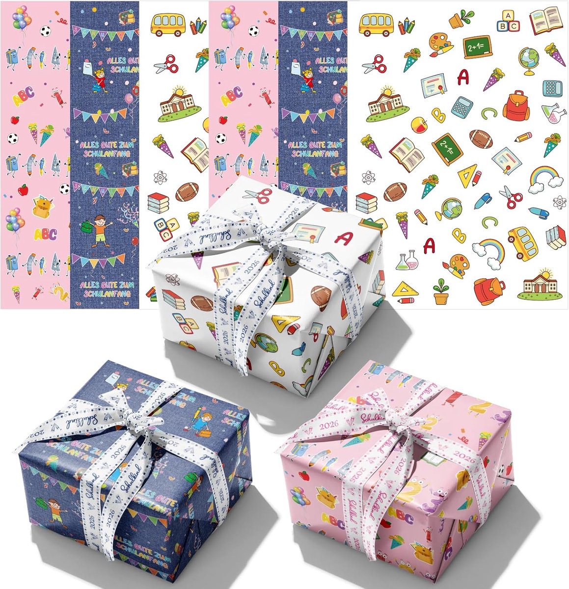 Set van 6 cadeaupapier voor eerste schooldag, cadeaupapier voor schoolzakjes, geschenken & decoratie schoolkind - ShopVlot