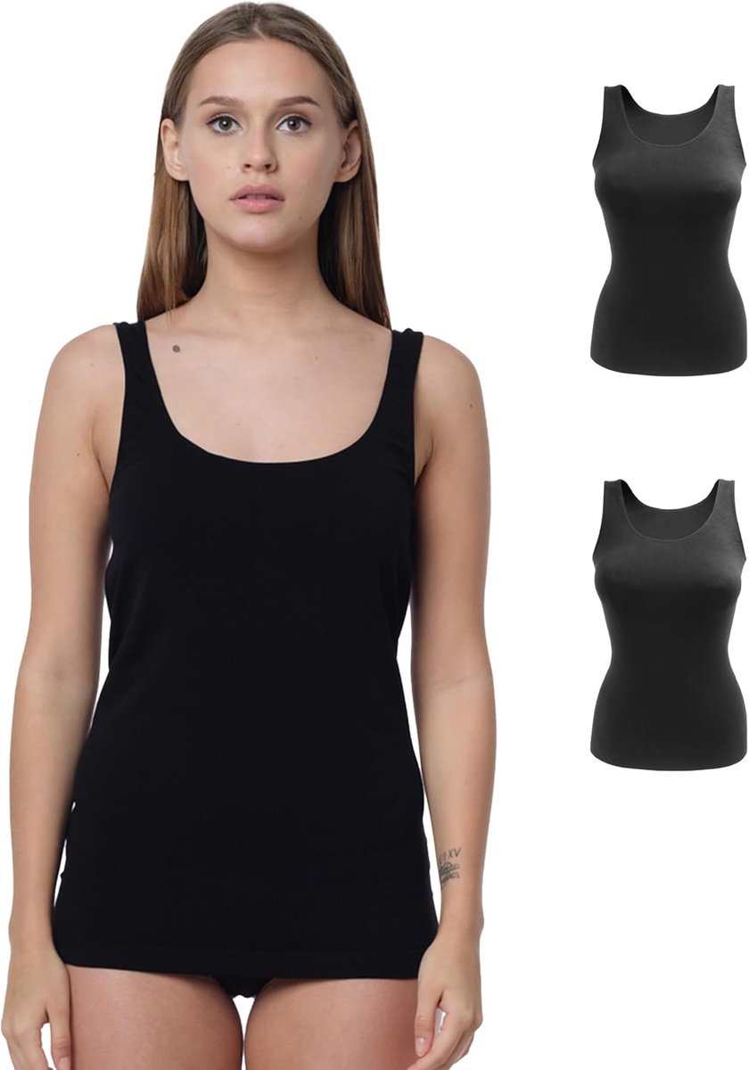 Set van 2 naadloze onderhemden, naadloze tanktop in zwart, wit, huid