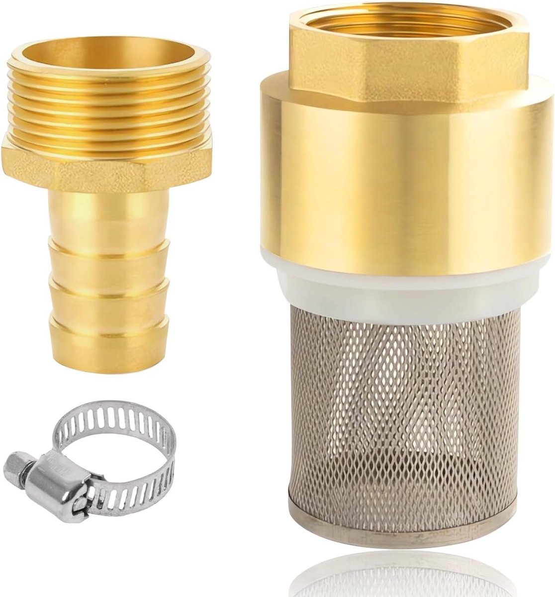Terugslagklep 1 1/2 inch, zuigfilterset 1 1/2", messing voetventiel met terugslagklep, zuigkorf, slangaansluiting en slangklem (schroefdraad 1 1/2” + slangaansluiting 32mm)