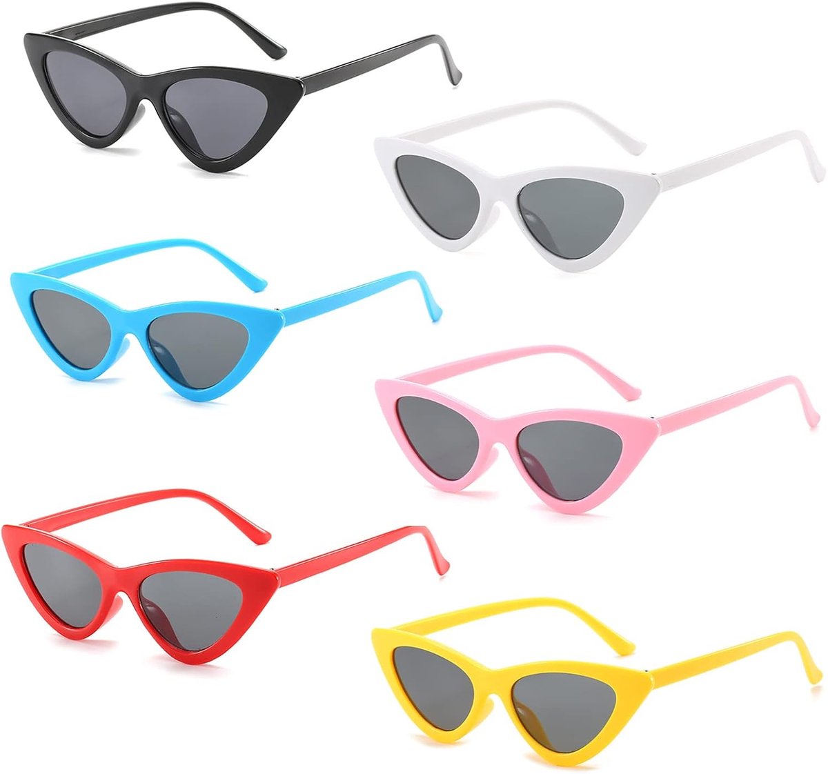 6 Stuks Retro Driehoekige Zonnebril, Vintage Hartvormige en Cat Eye Zonnebril, voor Themafeesten, Kostuum Matching, Reizen