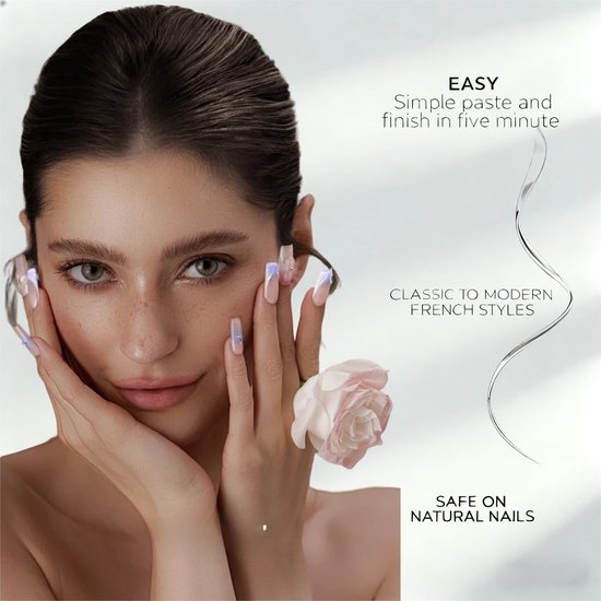 Press on nails set van 24 amandel korte French manicure om op te plakken, 3D blauwe vlinder, kunstnagels, zachte gel, korte nageltips — afbeelding 5