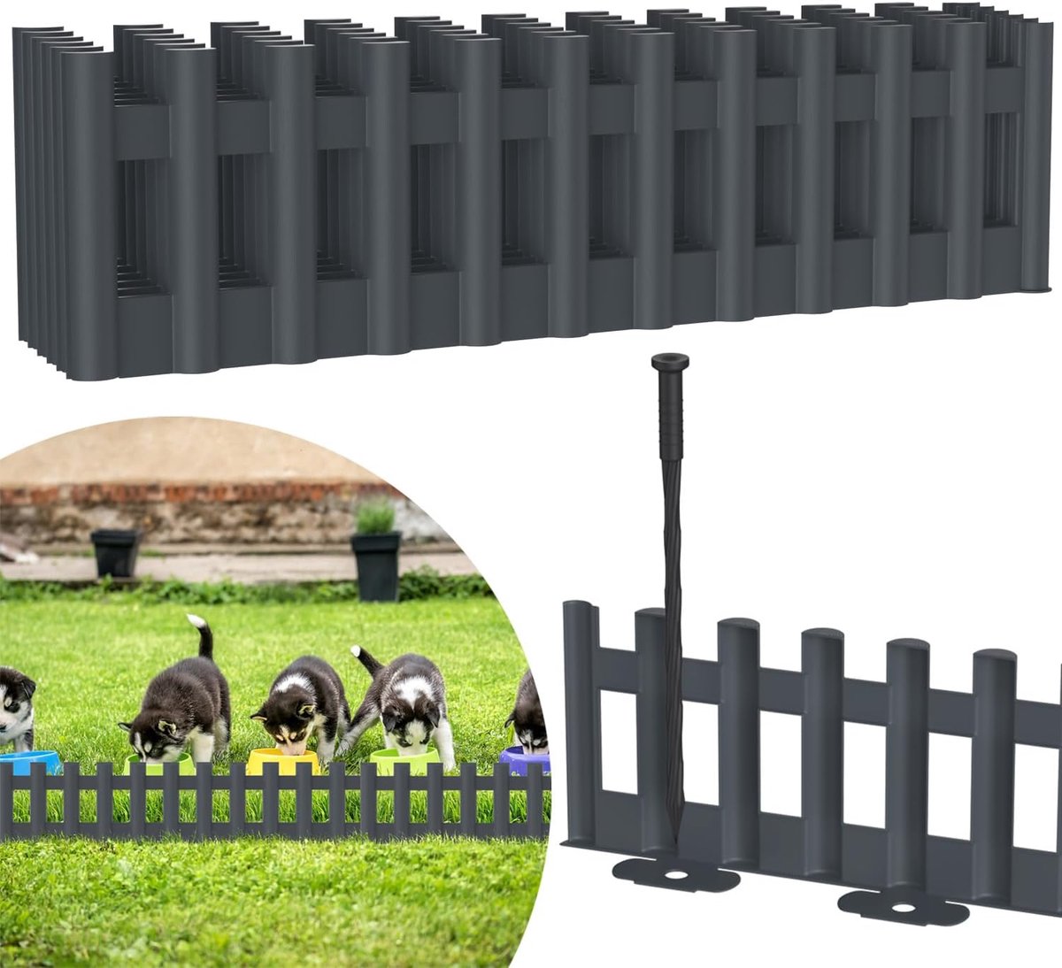 Bloembedrand, 43 x 12 cm, bloembedomranding, kunststof, gazonrand, tuinpalissade, omheining voor tuin, antraciet, 24 stuks